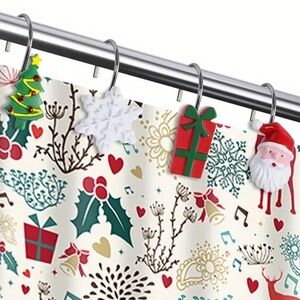Christmas Holiday Shower Curtain Hooks Santa Clause Tree Snowflake Gift Present